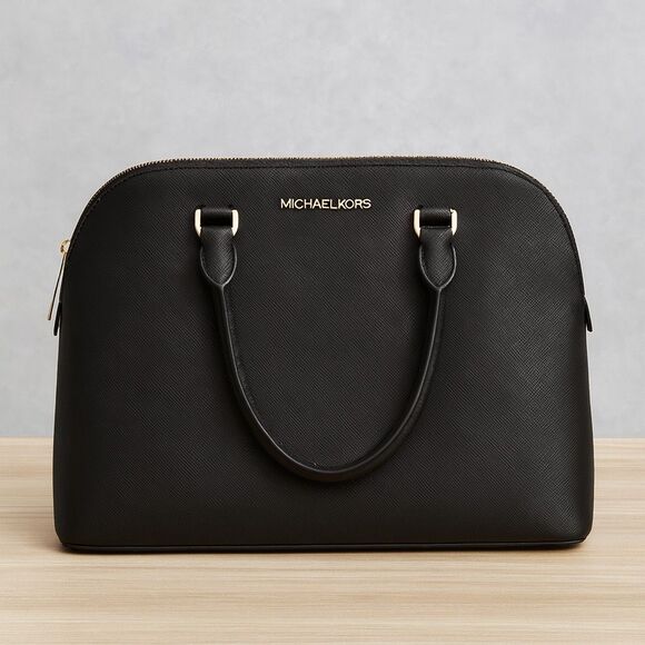 Michael KORS Black Cindy Large Leather Dome Satchel Purse Handbag, Preowned - Picture 1 of 14
